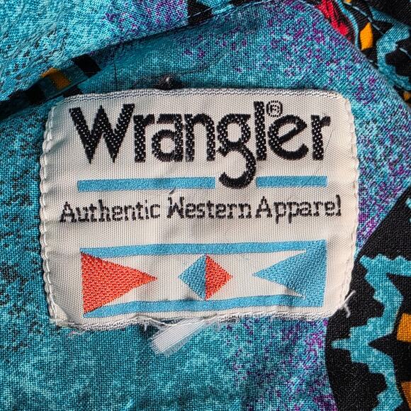 VTG 80s Wrangler Teal/Multicolor Aztec Western Button Up, size Medium - Picture 9 of 9